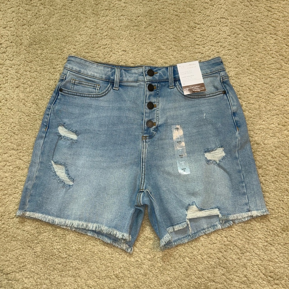 High-Rise Light Blue Distressed Denim Shorts